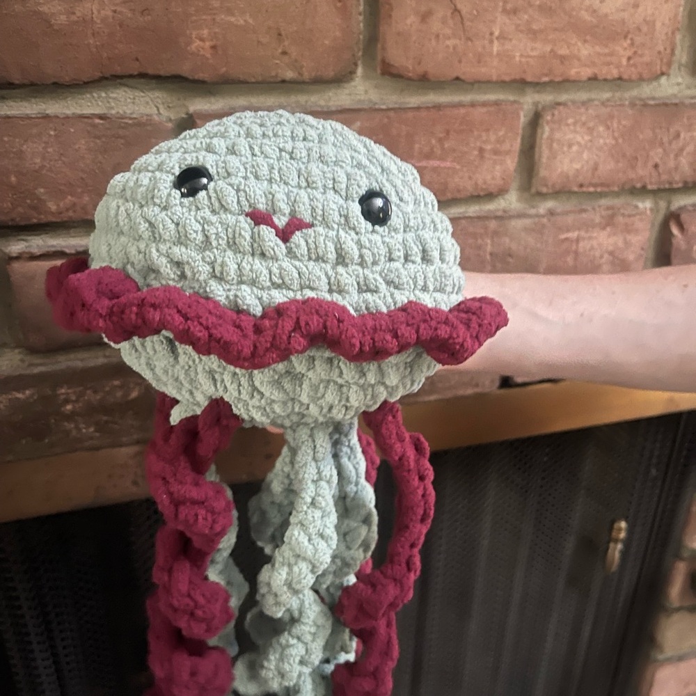 Handmade Crochet Jellyfish Plush in Sea Foam Green and Cranberry - Picture 3 of 5